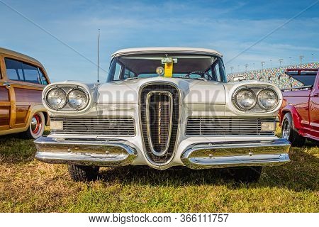 Daytona Beach, Fl / Usa- November 24, 2018: White 1958 Ford Edsel Roundup 2 Door Station Wagon At Th
