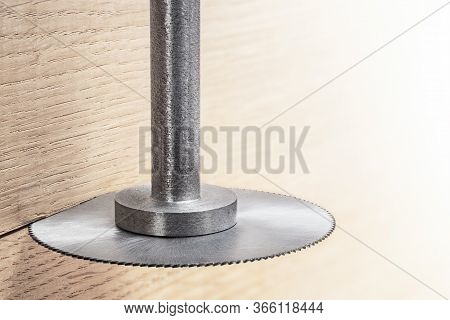 Cnc Milling Machine Cutting Wooden Oak Board. End Mill Make Hole In Timber Board.