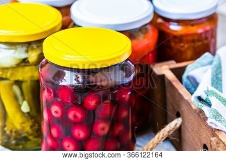 Jars With Variety Of Canned Vegetables And Fruits, Jars With Zacusca. Preserved Food Concept In A Ru