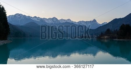 The Panorama Of The Twilight Sunset Over The Lake Barcis, Italy