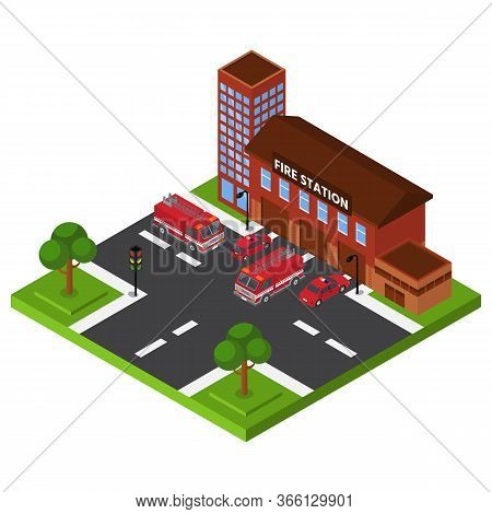 Isometric Fire Station, Emergency Department Building, Red Truck Rescue Service, Design, Cartoon Sty