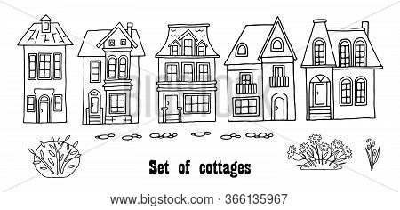 Many Different Houses, Detached, Single-family Houses With Gardens. Hand Drawn Vector Illustration O