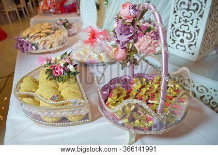 Engagement Basket . Basket With Sweets Stands On The Table . Azerbaycan Baku 07.12.2019 .