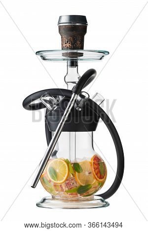Trendy Hookah With Citrus Fruits Isolated On White. Clay Hookah Bowl.