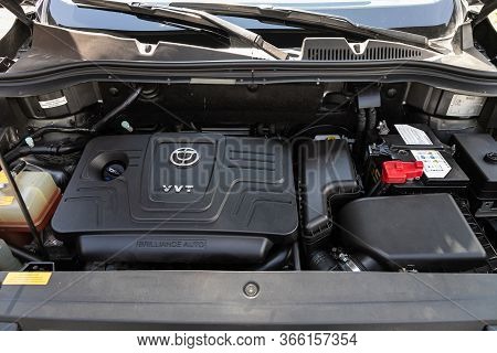 Novosibirsk/ Russia - May 03 2020: Brilliance V5, Car Engine Close-up. Internal Combustion Engine, C