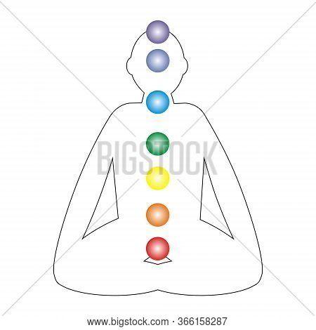 Man  Silhouette In Lotus Pose With Symbols Of Energy Centers. Chakras Chart On Male Body.
