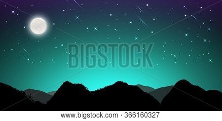 Night Landscape With Silhouettes Of Mountains And Sky With Stars And Fullmoon, Starry Night Sky Back