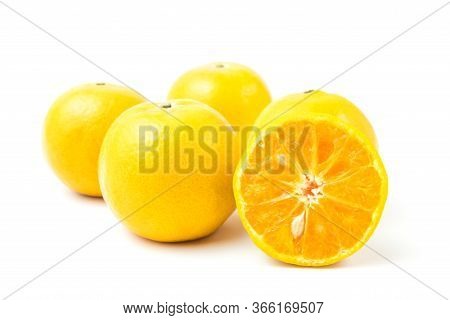 Fresh Oranges Full And Half Cut Rich In Vitamin C Isolated On White Background And Clipping Path