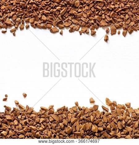 Golden Color Freeze Dried Coffee, Instant Coffee Granules On A White Background Close-up, Sublimated