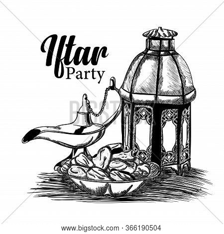 Hand Drawn Doodle Art , Sketch Illustration Of Lantern, Chirag Or Sweet Dates For Islamic Holy Month