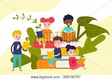 Kids Read Books On Piles Of Huge Books, Education And Knowledge, School Boys And Girls Students Read