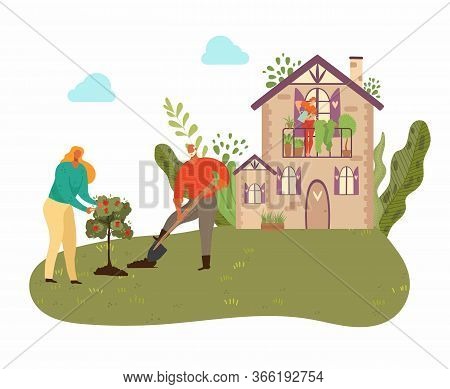 People Planting Tree In Garden With Country House, Plants And Gardening At Nature, Men With Showel I