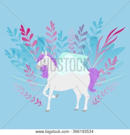 Pegas Or Unicorn Fantasy Magic Horse Cartoon Vector Illustration For Children Design. Cute Fantasy A
