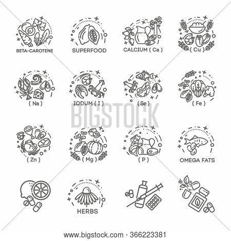 Groups Of Healthy Fruit, Vegetables, Meat, Fish And Dairy Products Containing Specific Microelements