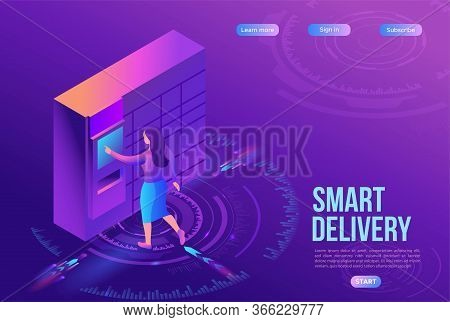Girl Receive Parcel From Packstation, Post Delivery Concept, Landing Page Template, Ui Design, 3d Is