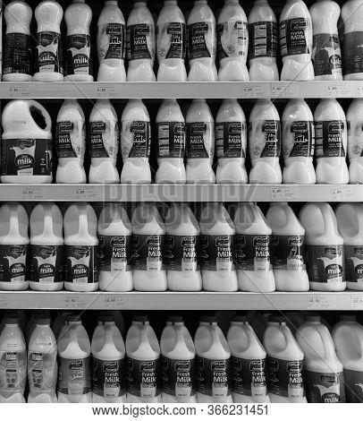 Dubai Uae December 2019 Milk Bottles Arranged On Shelves For Sale. Variety Of Sizes. Also Present Fl
