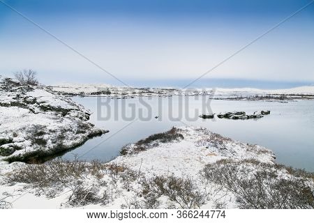 Beautiful view on Silfra rift during winter, the place where Eurasian and the American tectonic plate are divided in Thingvellir National Park, Iceland. 