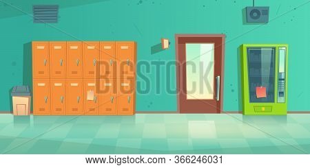 School Hallway, Empty Corridor Interior With Lockers, Vending Machine, Closed Door To Classroom And 