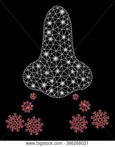 Bright Mesh Nose Virus Spread With Lightspot Effect. Abstract Illuminated Model Of Nose Virus Spread