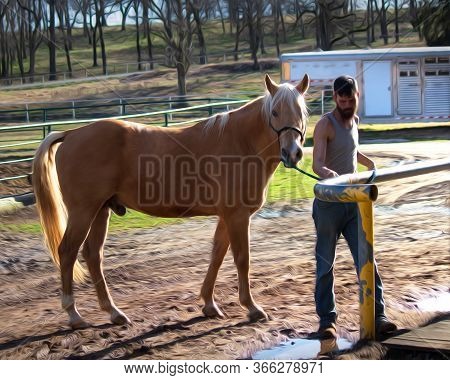 An Oil Painting Effect Of A Male Horse Ranch/barn Hand