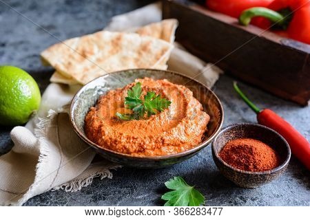 Muhammara, Healthy Walnut And Roasted Red Bell Pepper Dip Served With Flatbread