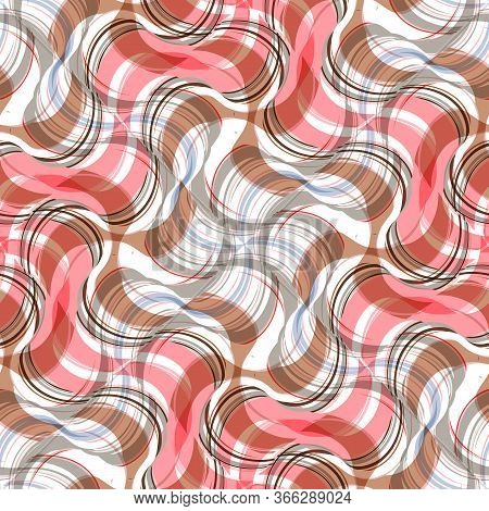 Seamless Wavy Print, Texture, Airy Mosaic. Colored Striped Ribbons, White, Salmon, Blue, Brown, Gray