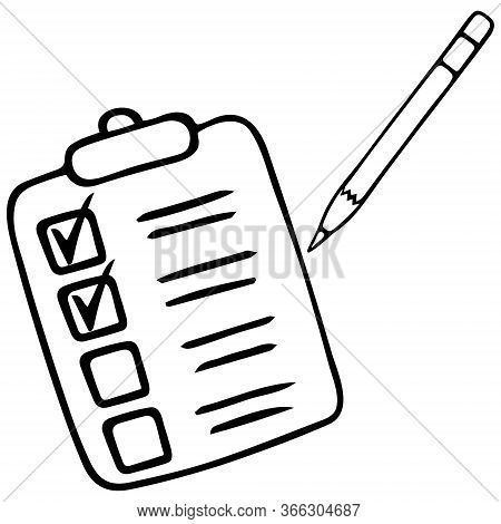 Action plan point by point. Sketch. Voting bulletin. Taking a survey or test. Check the box with a pencil. Vector illustration. Outline on an isolated background. Doodle style. Work online in quarantine. Form to fill. Perform a task. Official letterhead. 