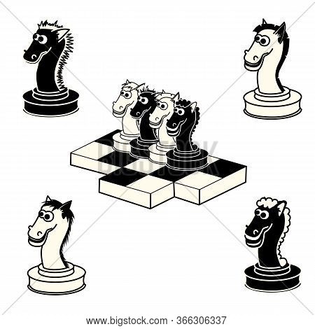 Chess Pieces Horses White And Black Four Knights. Vector