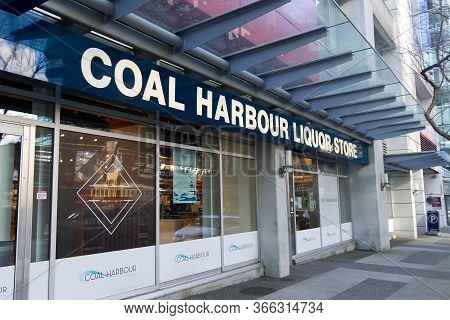 Vancouver, Canada - February 29, 2020: View Of Entrance Coal Harbour Liquor Store On West Pender Str