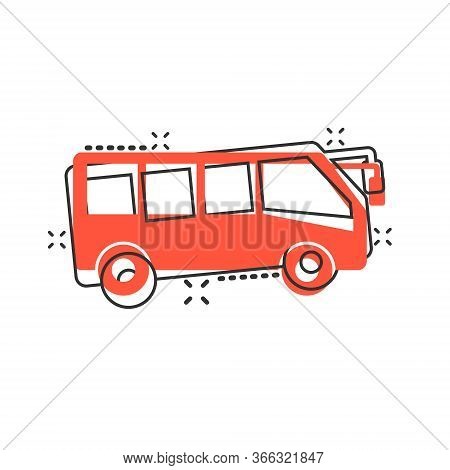 Bus Icon In Comic Style. Coach Cartoon Vector Illustration On White Isolated Background. Autobus Veh