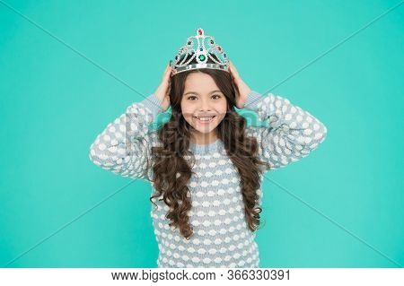 Ready For Prom Night. Happy Child Wear Prom Crown. Prom Girl Blue Background. Coronation Party. Holi