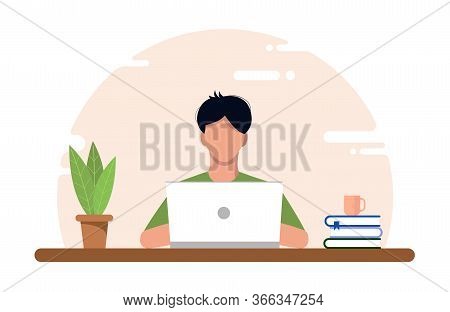 Work At Home Concept, Coworking Space Flat Illustration. A Young Freelancer Guy Working At A Desk On