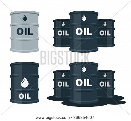 Oil Barrels Set Isolated On White Background, Gasoline, Fuel, Petroleum Flat Vector Illustration.