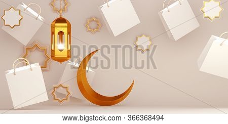 Flying Shopping Bag, Islamic Background, Ramadan Background, Gold Lantern, Crescent Moon,ramadan Sal