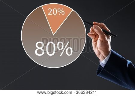 Pareto Principle Concept. Man Drawing Chart With 80/20 Rule Representation On Grey Background, Close