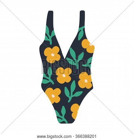 Modern Hand Drawn Colorful One Piece Women S Swimwear. Pattern With Hand Drawn Yellow Flowers And Gr