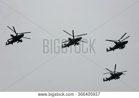 Moscow, Russia - May 9, 2020:a Group Of Reconnaissance And Attack Helicopters Ka-52 Alligator (hokum