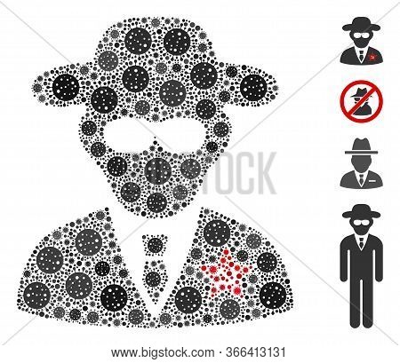 Collage Kgb Spy Organized From Sars Virus Icons In Various Sizes And Color Hues. Vector Viral Icons 