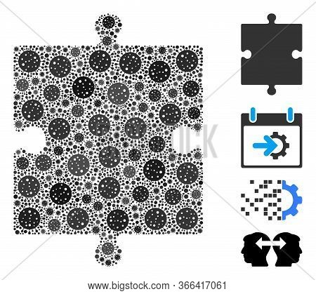Mosaic Puzzle Part Constructed From Sars Virus Icons In Variable Sizes And Color Hues. Vector Viral 