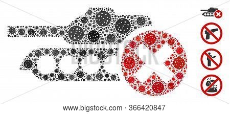 Mosaic Stop Tanks Composed Of Coronavirus Elements In Various Sizes And Color Hues. Vector Pathogen 