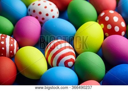 Easter Sunday Or Easter Day (pascha). Decorated Easter Eggs Colorful Background. Painted Chicken Egg