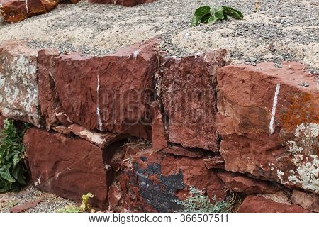 Ruined Ancient Wall In Akyrtas Palace Complex. Kazakhstan. Red Sandstone Wall.