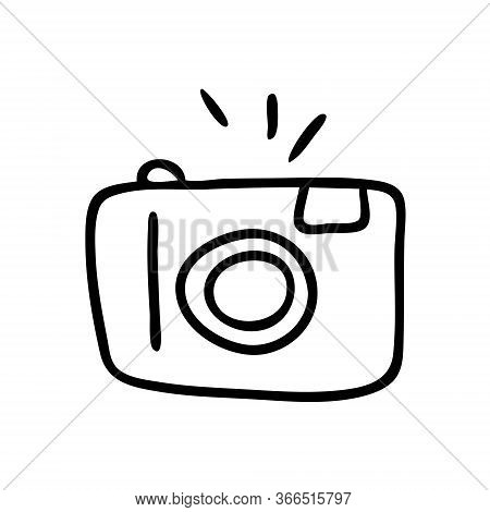 Doodle Illustration Of A Camera Isolated On A White Background. Camera Icon Drawn By Hand.