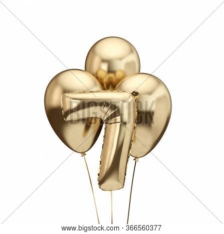 7th Birthday Gold Foil Bunch Of Balloons. Happy Birthday. 3d Rendering