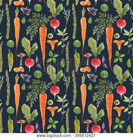 Beautiful Vector Seamless Pattern With Watercolor Hand Drawn Vegetables. Stock Illustration. Healthy