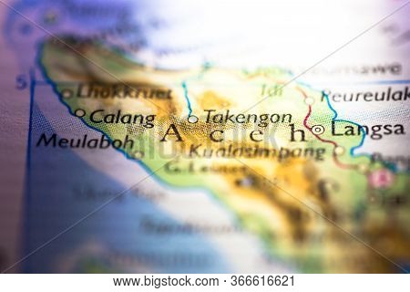 Shallow Depth Of Field Focus On Geographical Map Location Of Aceh City In Sumatra Island Indonesia A