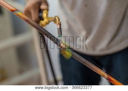 Welding Of Copper Pipe Of A Methane Gas Pipeline Or Of A Conditioning Or Water System. Welding Solde