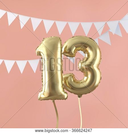 Happy 13th Birthday Party Celebration Gold Balloon And Bunting. 3d Render