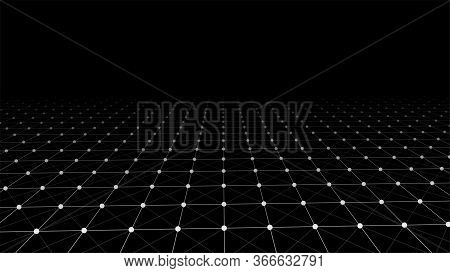 Abstract Wireframe Perspective Grid, Connection Of White Dots And Lines On Dark Background. Vector I