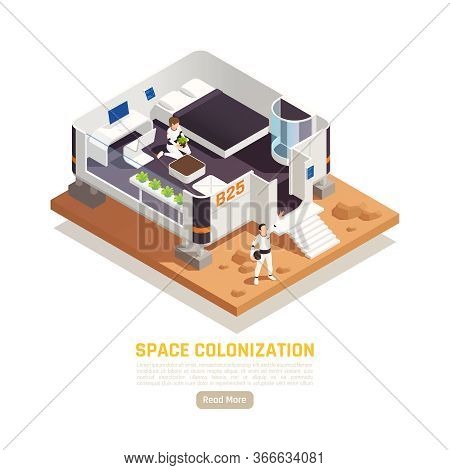 Space Colonization Terraforming Isometric Background With View Of Living Module With People Editable